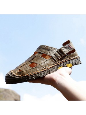 Men Outdoor Cow Split Leather Closed Toe Wearable Beach Casual Handmade Sandals